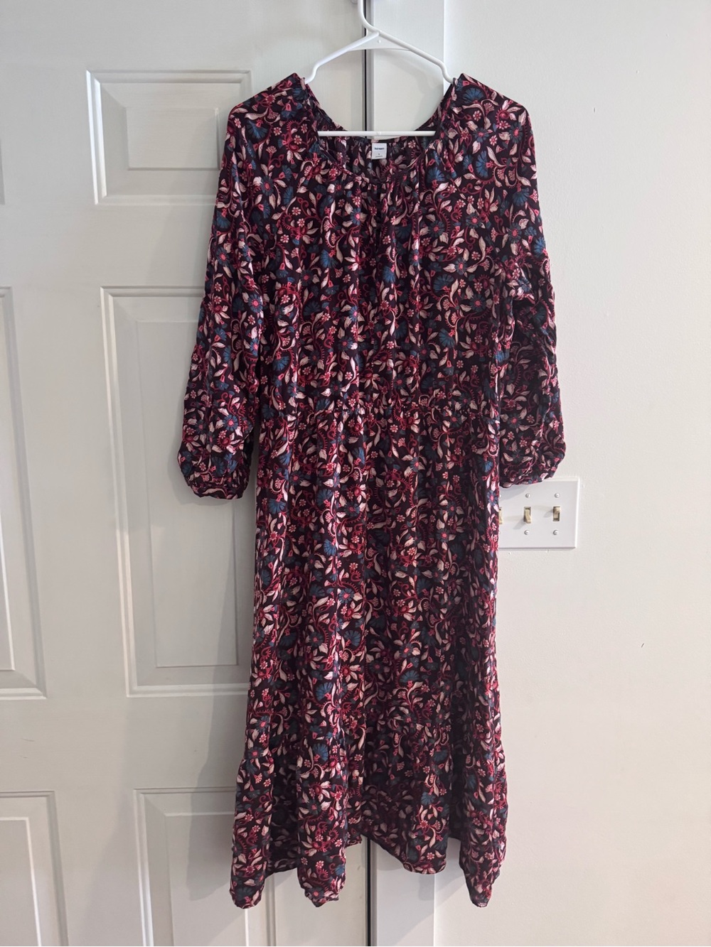 Old Navy Floral Long-Sleeve Midi Dress in Burgundy and Pink
